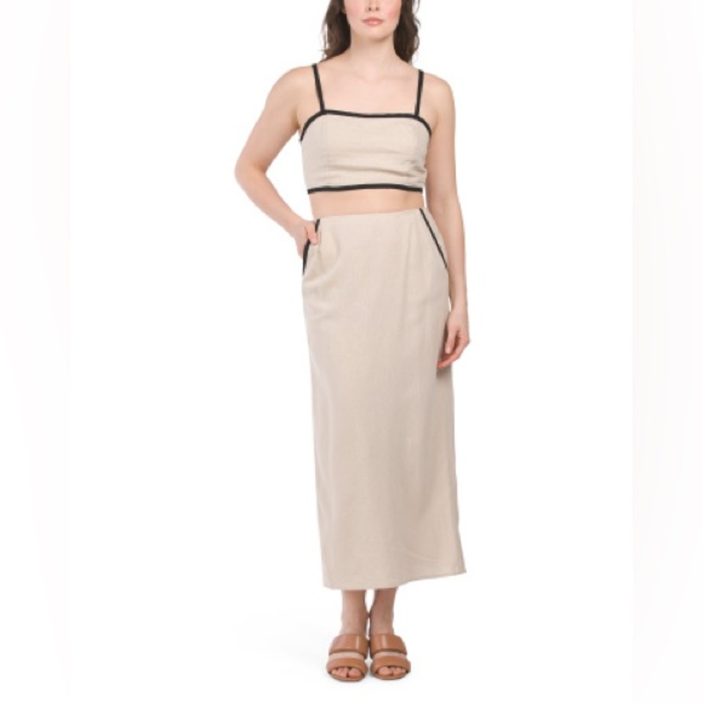 House of Harlow 1960 Beige and Black Linen Blend Tipped Bralette Top & Skirt Set